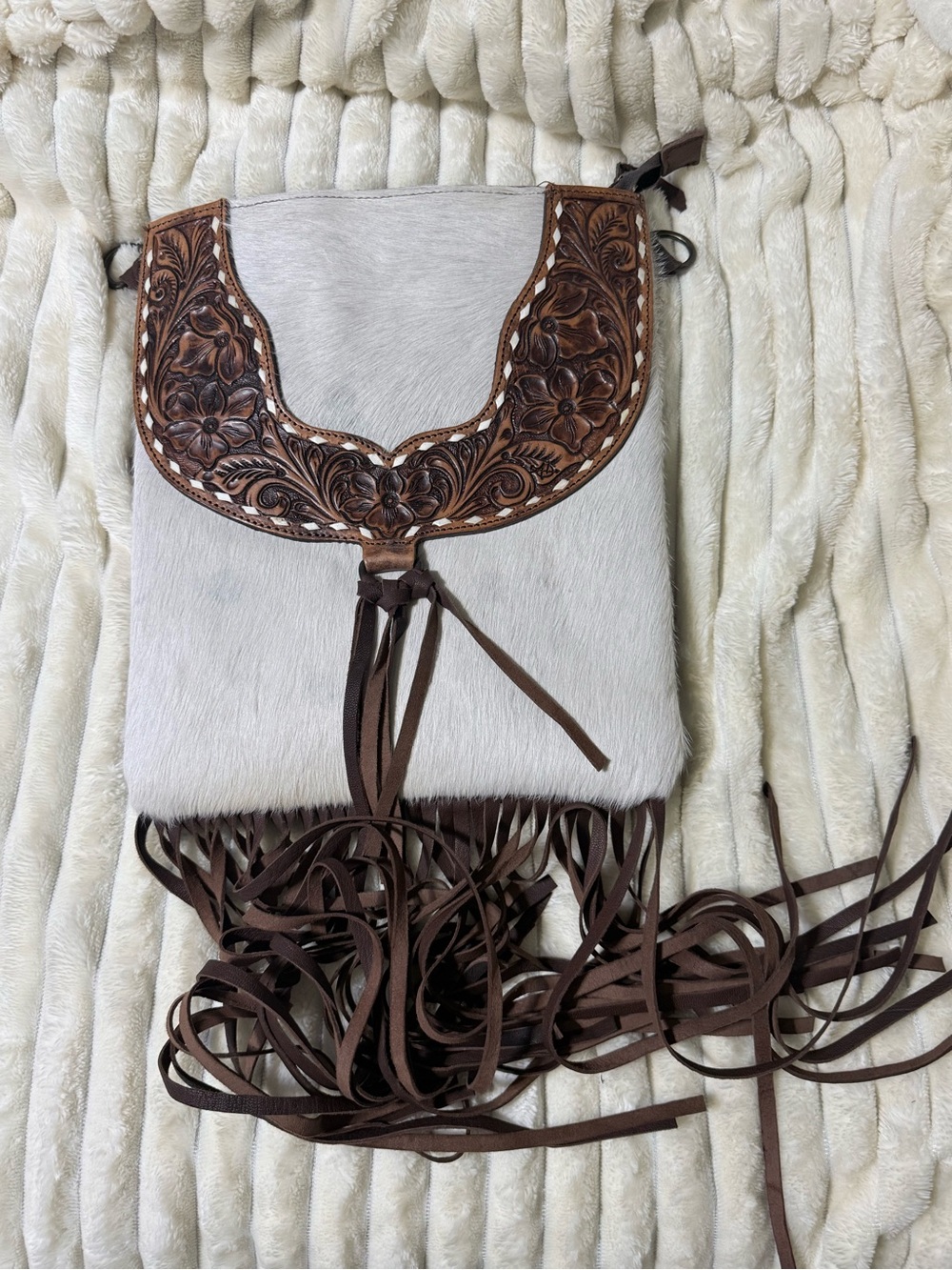 American Darling White Haircalf Crossbody with Brown Hand-Tooled Leather Fringe